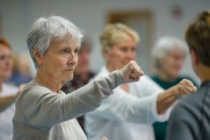 senior citizens with fists out in self defense course