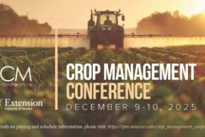 Title of the event with a tractor spraying crops in the background