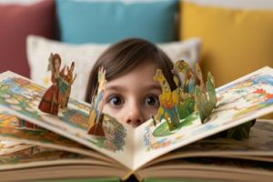 A child looking up over a book with pop outs on the pages.