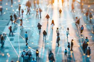 people on street with lines connecting them