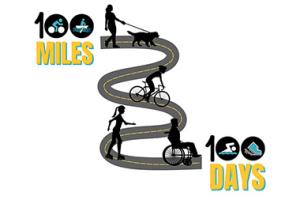 100 miles, 100 days logo including roadway with people walking, biking, roller skating and using a wheelchair