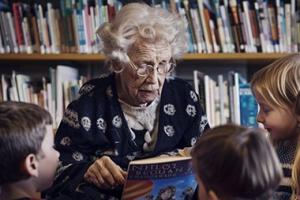 Older woman reading to young children