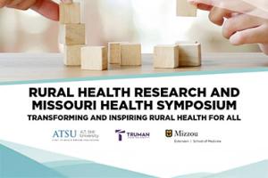 People stacking blocks with event title "Rural Health Research and Missouri Health Symposium: Transforming and Inspiring Rural Health for All"