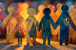 Colorful paper cutouts of people figures holding hands with light shining through them.
