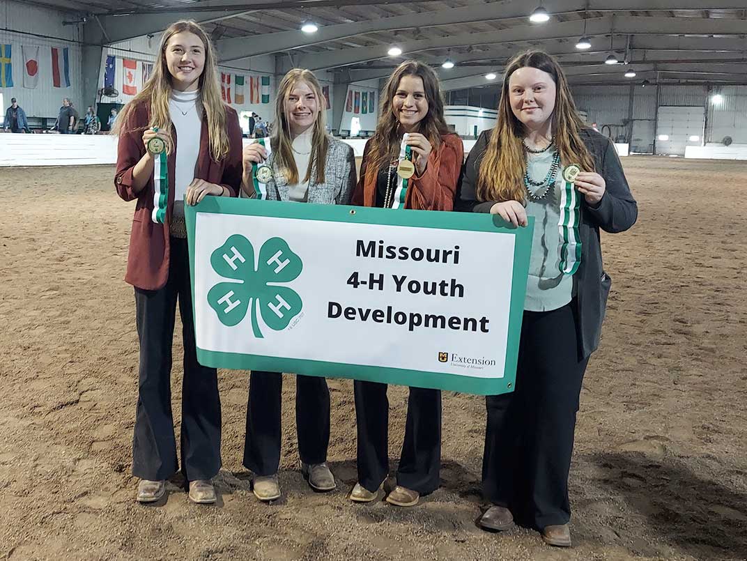 State 4-H Horse Judging Contest top senior team, representing Henry County. From left, Riley Heerdink, Caroline Wagoner, Lauren Bailey, Hannah Miller.