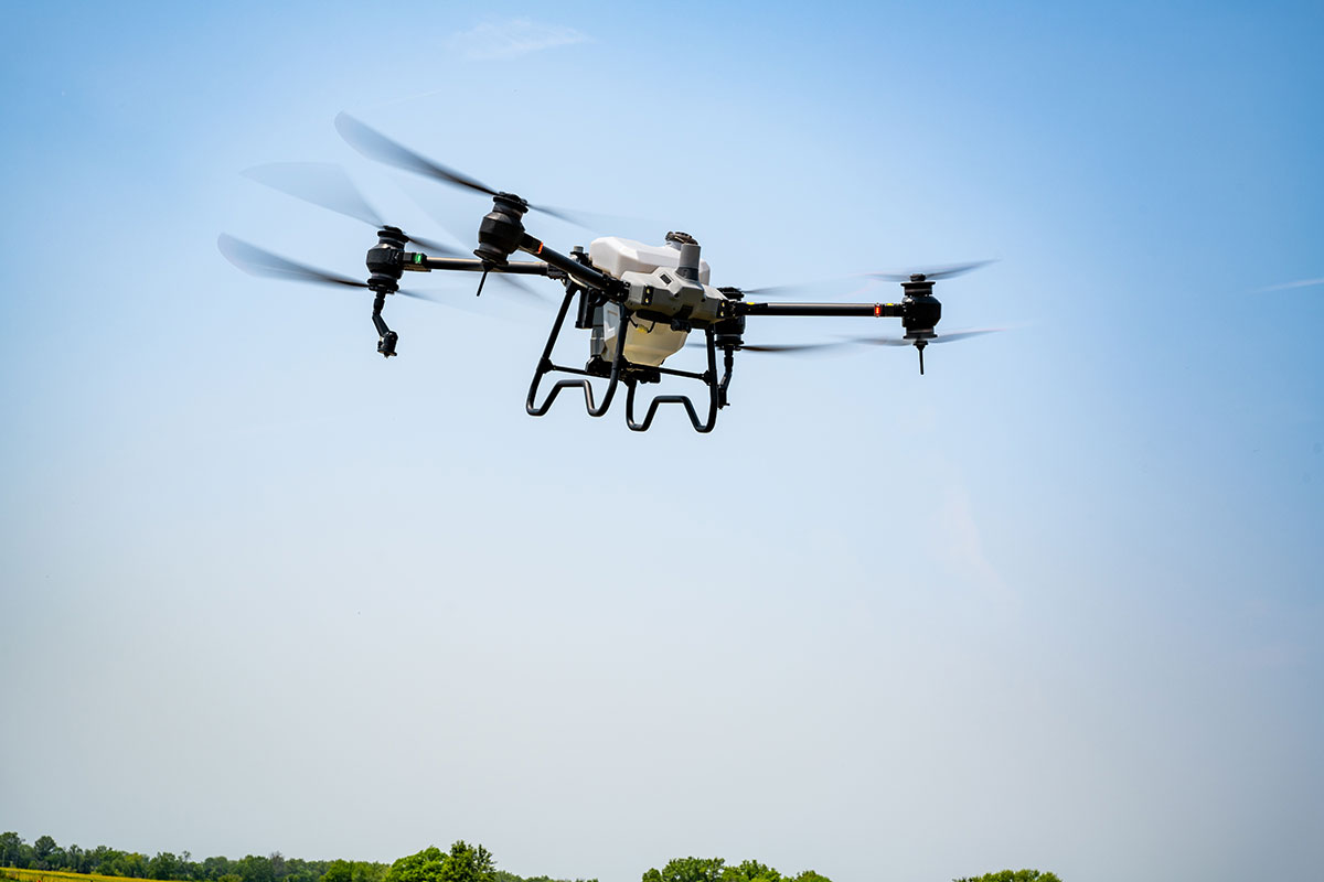 The tour stop at the MU Greenley Research Farm in Novelty included a demonstration of using drone technology in crop production.