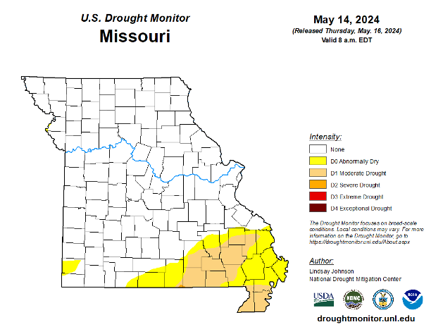 As of May 14, less than 20% of Missouri is classified as abnormally dry or in moderate drought.