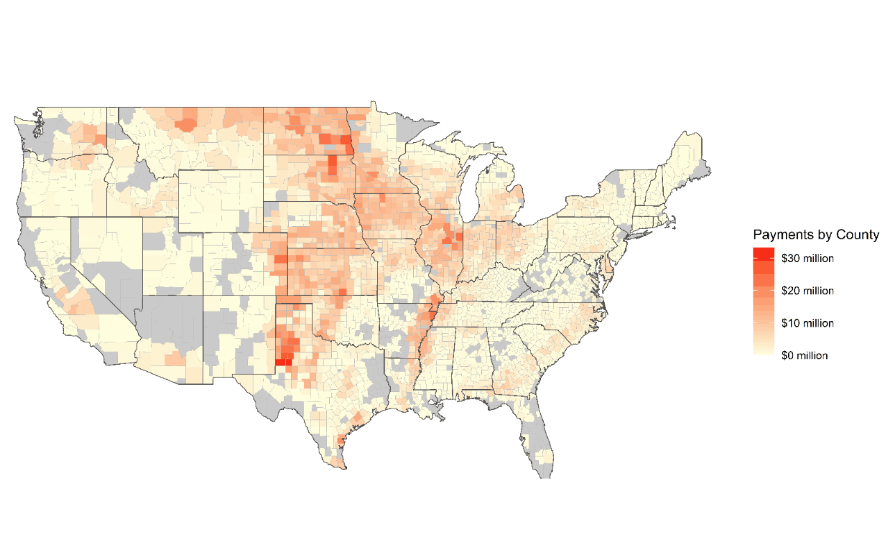 Map of total projected economic assistance to selected crop producers by county.