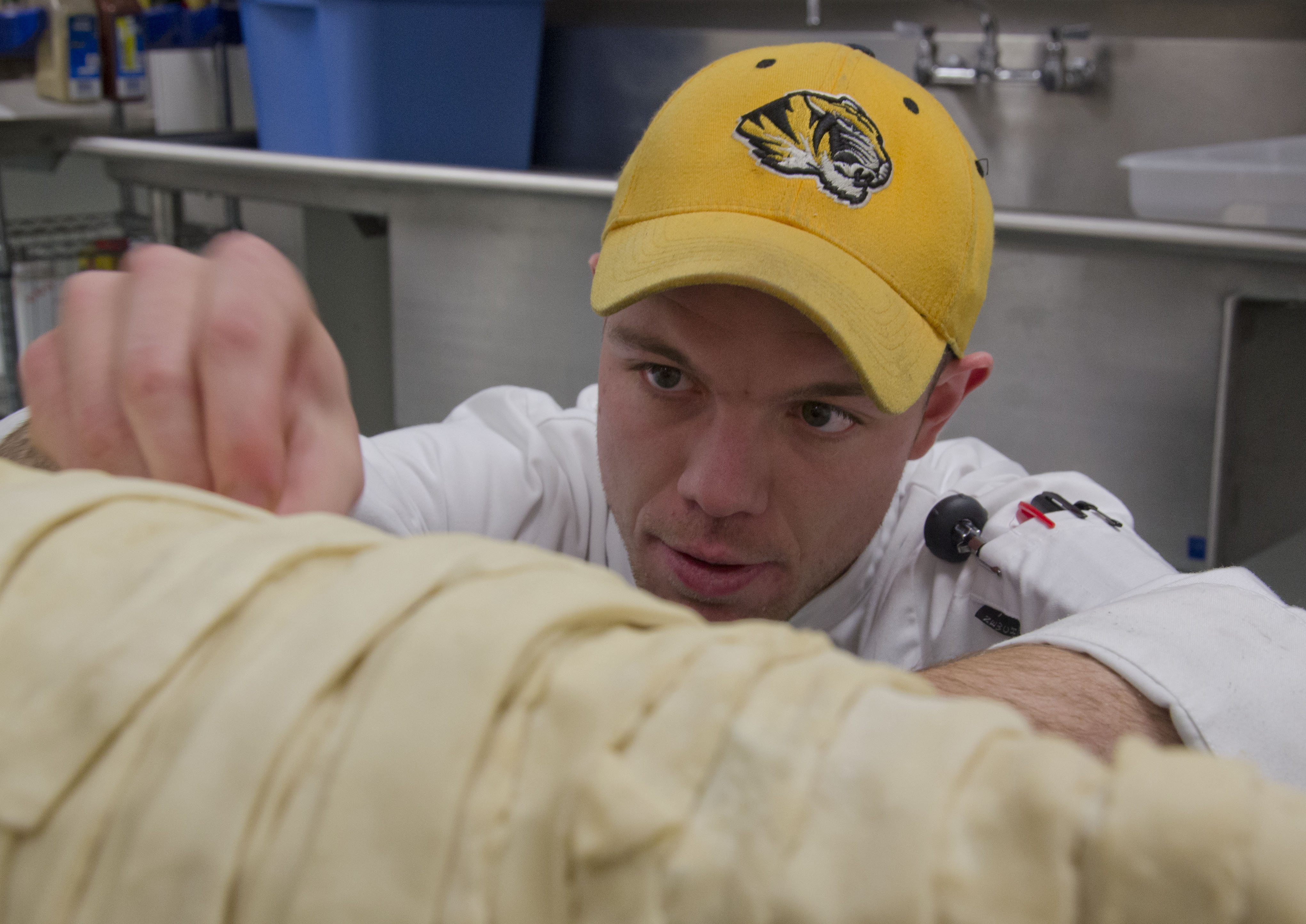 Culley Freese, a junior hospitality management major, applies strips of dough to a cornucopia form.Jessica Salmond, MU Cooperative Media Group 